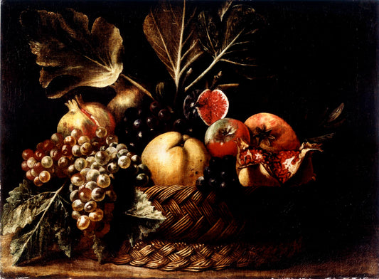 Still Life of a Basket of Fruit with Grapes, Pomegranates, Figs and Apples, vintage artwork by Master of the Acquavella, 12x8" (A4) Poster