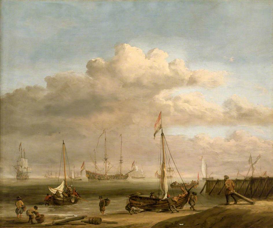 The Dutch Coast with a Weyschuit being Launched and Another Vessel Pushing off from the Shore, vintage artwork by Willem van de Velde the Younger, 12x8" (A4) Poster
