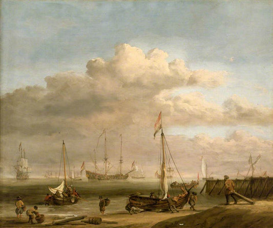 The Dutch Coast with a Weyschuit being Launched and Another Vessel Pushing off from the Shore, vintage artwork by Willem van de Velde the Younger, 12x8" (A4) Poster