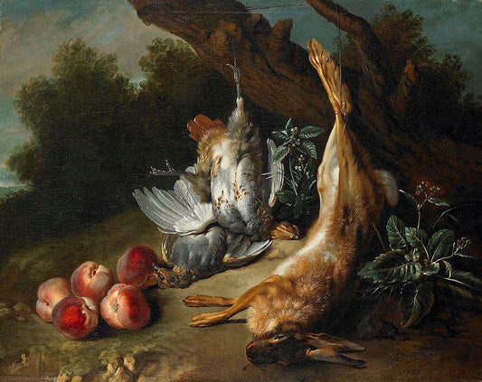 Still Life with Dead Game and Peaches in a Landscape, vintage artwork by Jean-Baptiste Oudry, 12x8" (A4) Poster