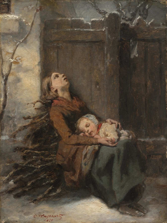 Destitute Dead Mother holding her sleeping Child in Winter, vintage artwork by Octave Tassaert, A3 (16x12