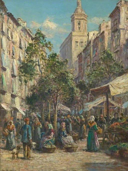 The Market, Gerona, Spain, vintage artwork by Arthur Trevor Haddon, 12x8" (A4) Poster