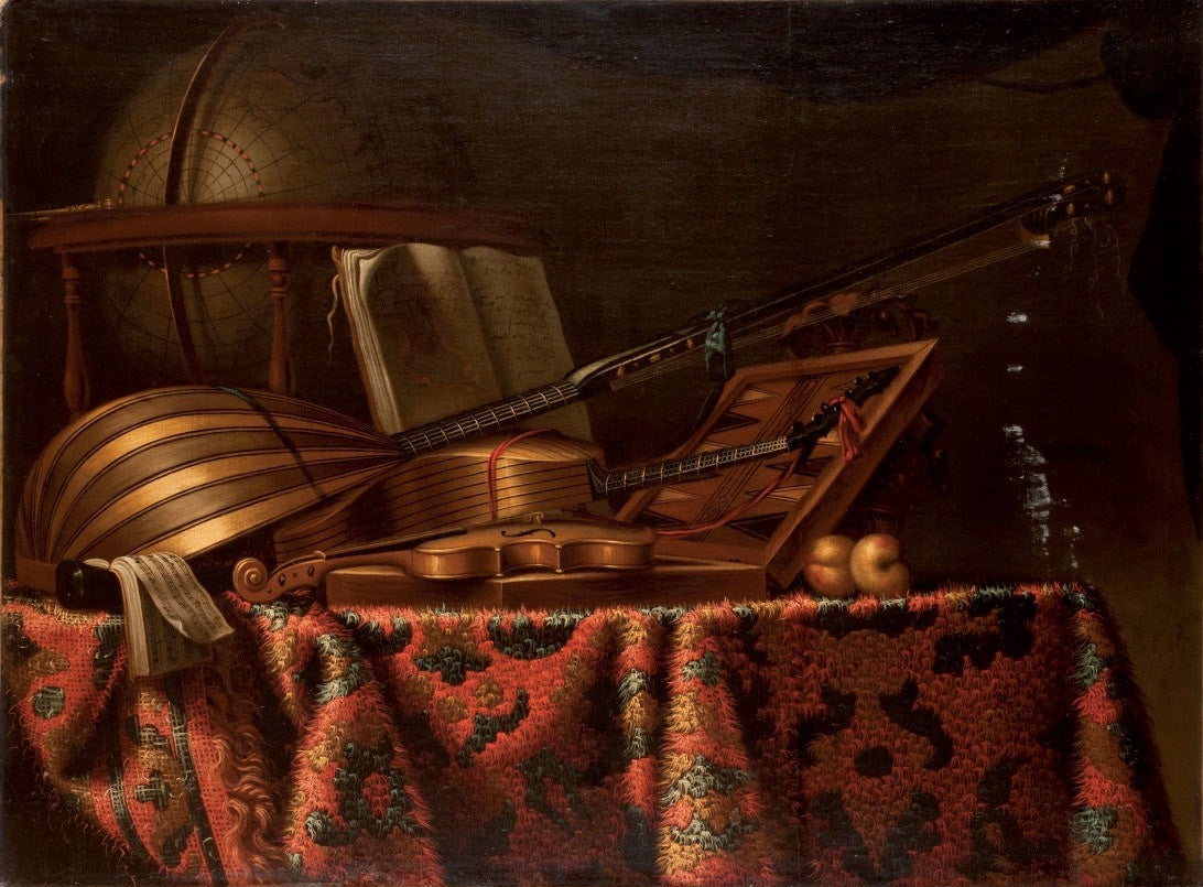 Still Life with Mandolin and Violin, vintage artwork by Bartolomeo Bettera, 12x8" (A4) Poster