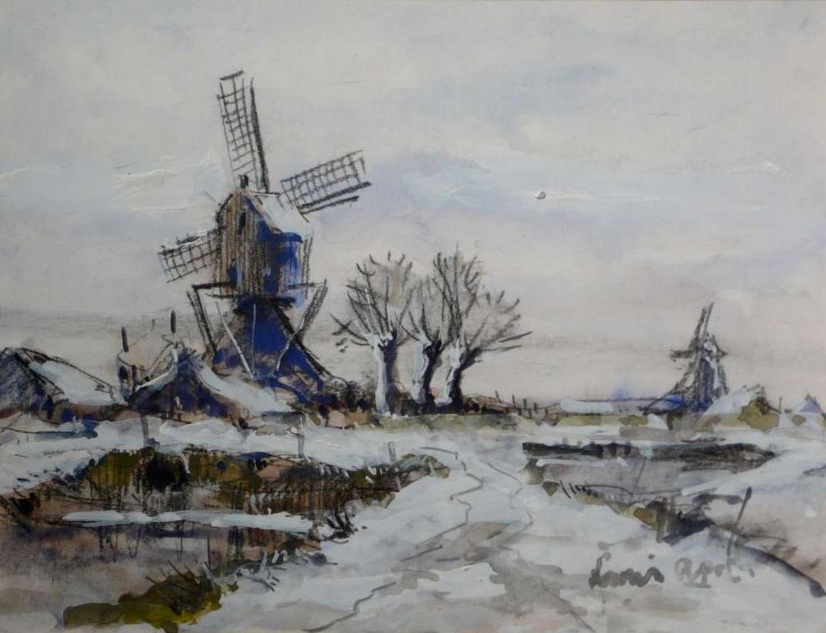 A Winter Landscape with Windmills, vintage artwork by Louis Apol, 12x8" (A4) Poster