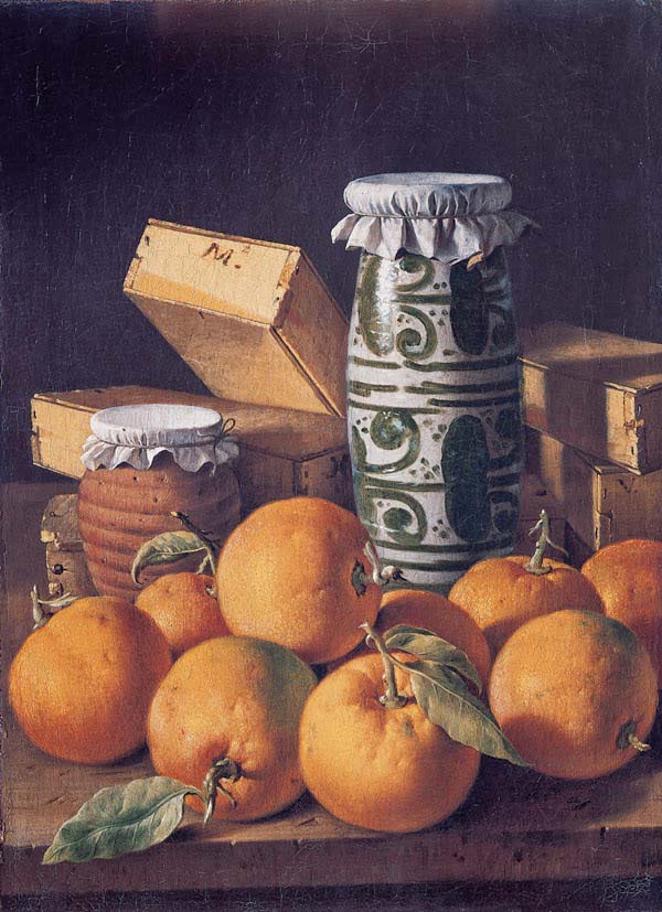 Still Life With Oranges, Jars, And Boxes Of Sweets, vintage artwork by Luis Melendez, 12x8" (A4) Poster