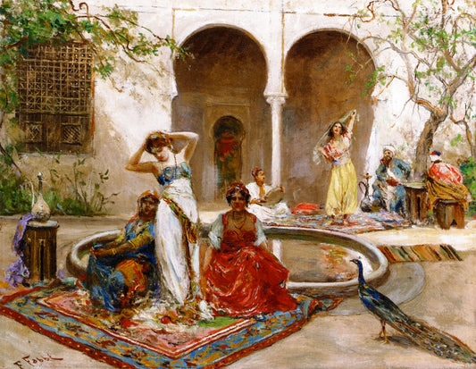 Dancing in the Harem Courtyard, vintage artwork by Fabio Fabbi, 12x8" (A4) Poster