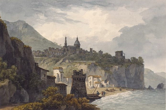 Vietri; View of the Town on its Cliff, vintage artwork by John Warwick Smith, 12x8" (A4) Poster