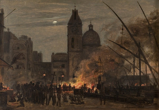 A burning ship. Scene from Procida, vintage artwork by Martinus Rørby e, A3 (16x12") Poster Print