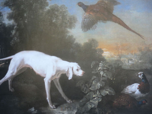 Lise and three pheasants, vintage artwork by Jean-Baptiste Oudry, 12x8" (A4) Poster