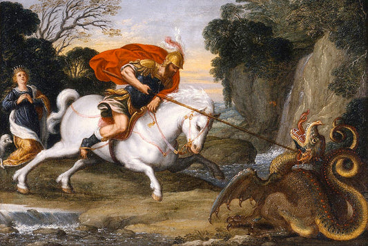 Saint George Defeating the Dragon, vintage artwork by Johann König, 12x8" (A4) Poster