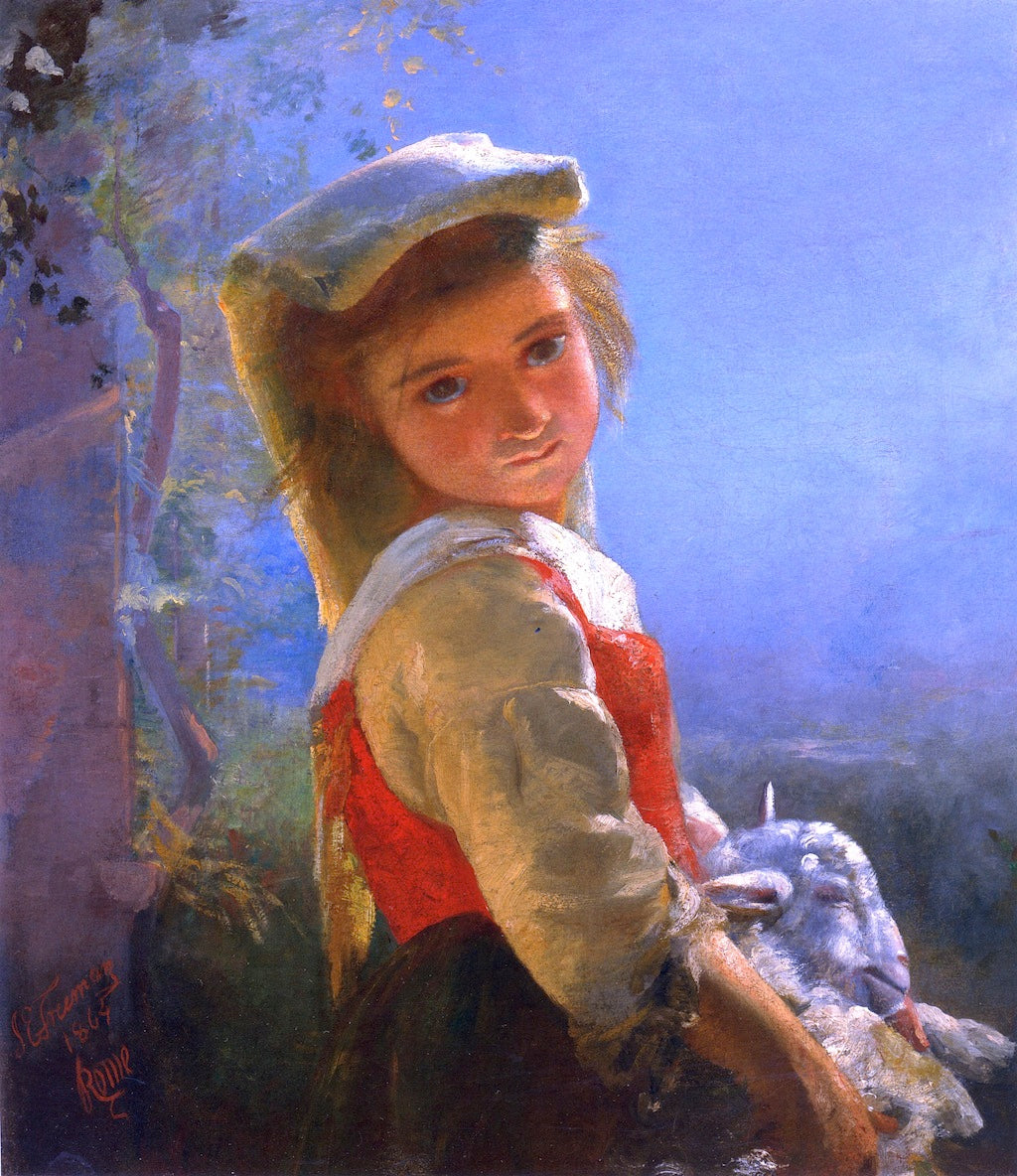 Young Girl with Lamb, vintage artwork by James E. Freeman, A3 (16x12") Poster Print