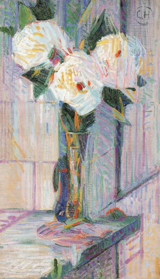 White Peonies in a Vase, vintage artwork by Curt Herrmann, 12x8" (A4) Poster