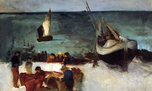 Beach Scene at Berck, Fishing Boats and Fishermen, vintage artwork by Édouard Manet, 12x8" (A4) Poster