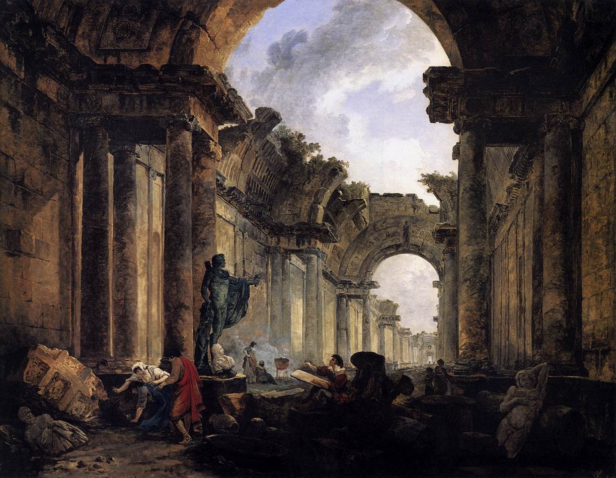 Imaginary View of the Grande Gallerie of the Louvre in Ruins, vintage artwork by Hubert Robert, 12x8" (A4) Poster