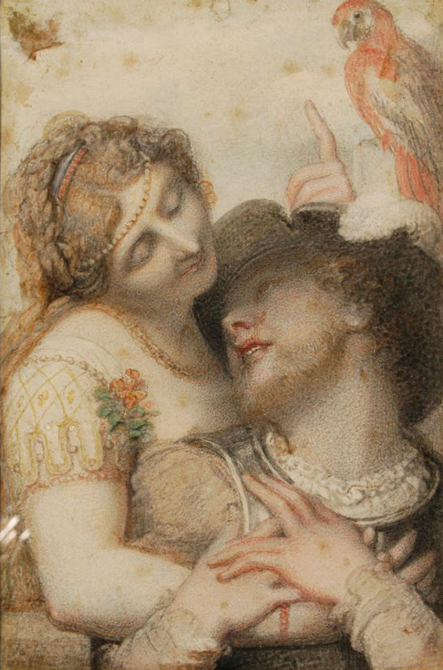 Couple embracing with parrot above, vintage artwork by Richard Cosway, 12x8" (A4) Poster