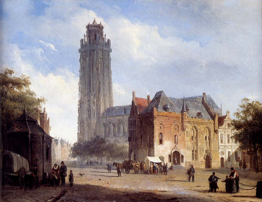 A Cathedral On A Townsquare In Summer, vintage artwork by Cornelis Springer, A3 (16x12") Poster Print