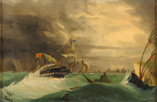 Schooner off the Coast of Morocco, vintage artwork by Charles Dubreuil, 12x8" (A4) Poster