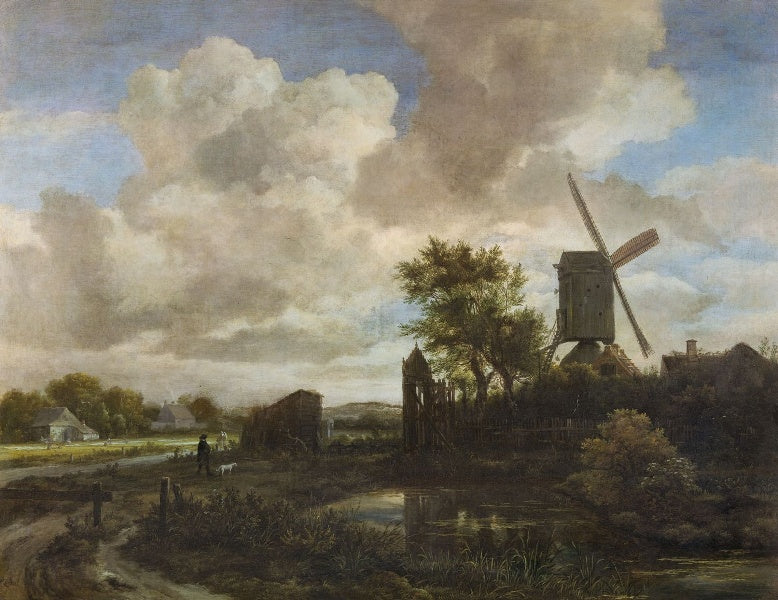 Evening Landscape:  A Windmill by  a Stream, vintage artwork by Jacob van Ruisdael, 12x8" (A4) Poster