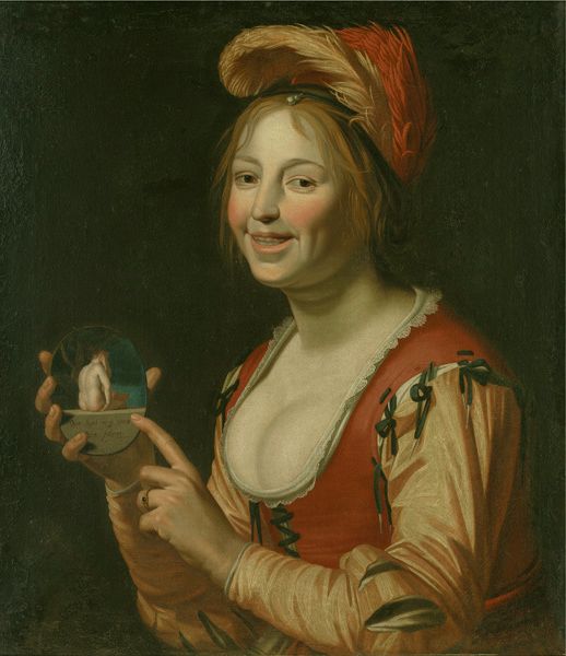 Laughing Girl Showing a Small Picture of a Nude Woman Seen from Behind, vintage artwork by Jan van Bijlert, 12x8" (A4) Poster