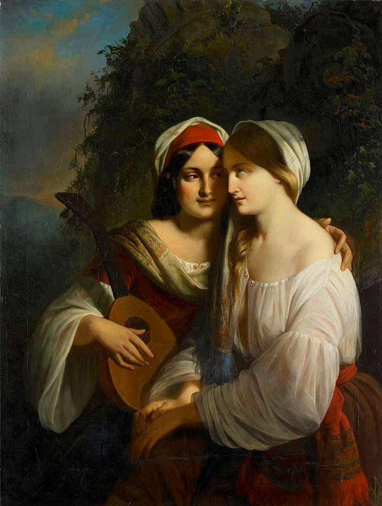 Two Women in Italian clothes, vintage artwork by Moritz Calisch, A3 (16x12") Poster Print