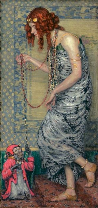 Princess with a Monkey, vintage artwork by Janis Rozentals, 12x8" (A4) Poster