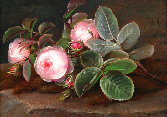Pink roses on a tree stump, vintage artwork by Johan Laurentz (J.L.) Jensen, A3 (16x12") Poster Print