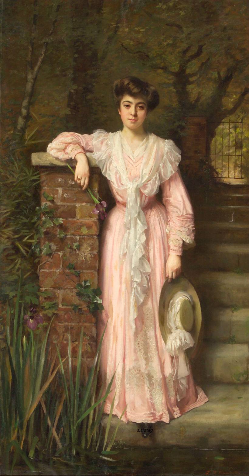 A portrait of a lady in a garden wearing a pink dress holding an iris, vintage artwork by Thomas Benjamin Kennington, 12x8" (A4) Poster