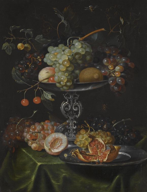 A Still Life with Grapes, Pomegranates and Peaches in a Silver Dish, vintage artwork by Jacob Marrel, 12x8" (A4) Poster