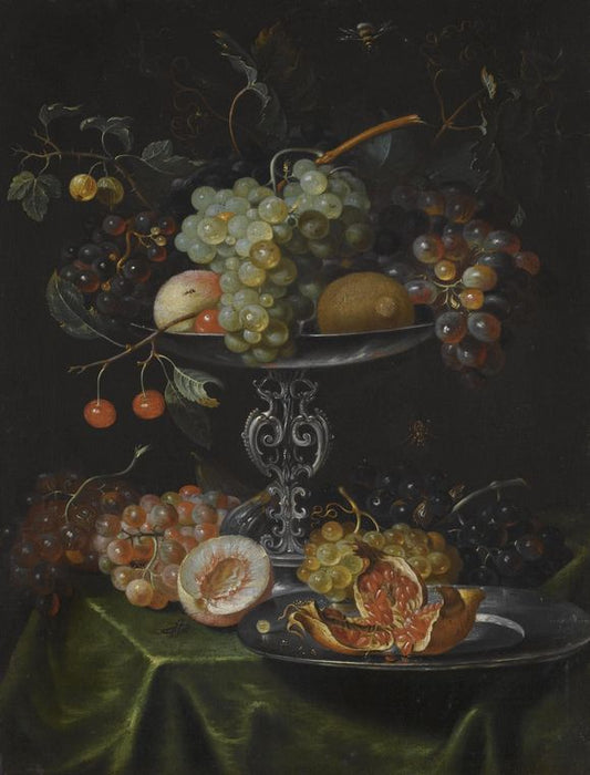 A Still Life with Grapes, Pomegranates and Peaches in a Silver Dish, vintage artwork by Jacob Marrel, 12x8" (A4) Poster