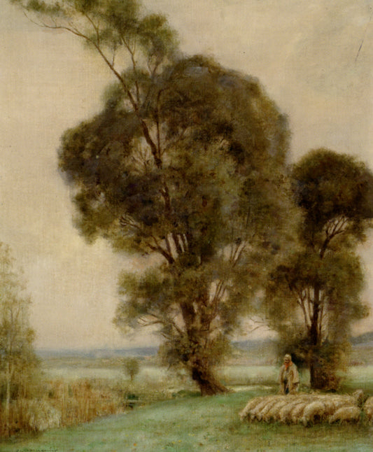 A Sheperdess and Her Sheep in a Misty Landscape, vintage artwork by Jules-Alexis Muenier, 12x8" (A4) Poster