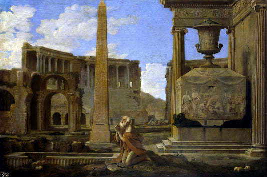 Hermit Praying among Classical Ruins, vintage artwork by Jean Lemaire, 12x8" (A4) Poster
