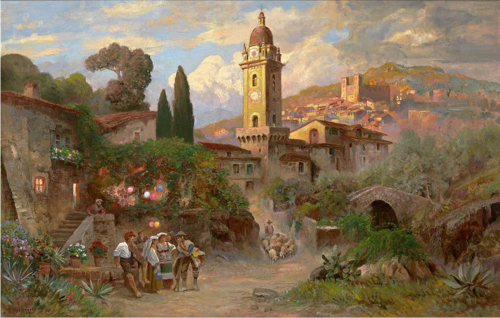 lian Village Church with Figures and Sheep by Alwin Arnegger,16x12(A3) Poster