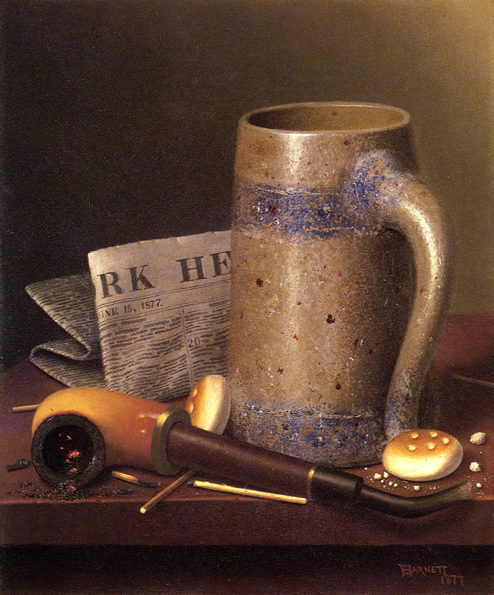 Still Life with Mug, Pipe and New York Herald, vintage artwork by William Michael Harnett, 12x8" (A4) Poster