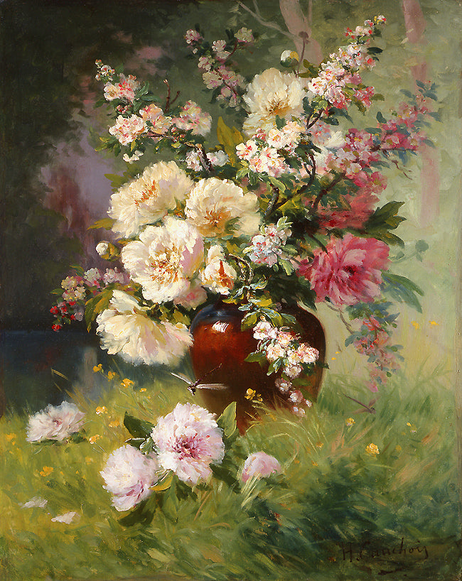 Peonies and Cerisiers, vintage artwork by Eugene Henri Cauchois, 12x8" (A4) Poster