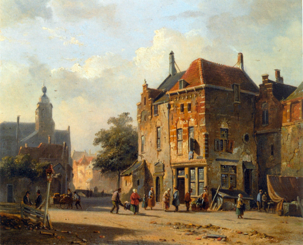 Figures in the Streets of a Dutch Town, vintage artwork by Adrianus Eversen, A3 (16x12") Poster Print