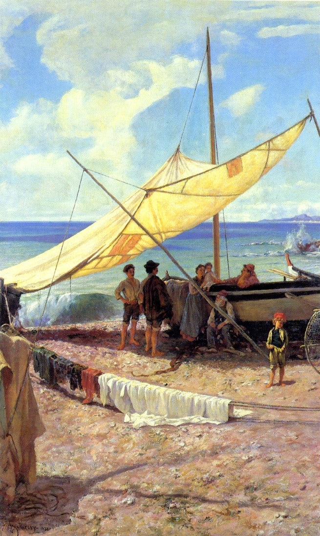 The Fishermen, vintage artwork by William John Hennessy, 12x8" (A4) Poster
