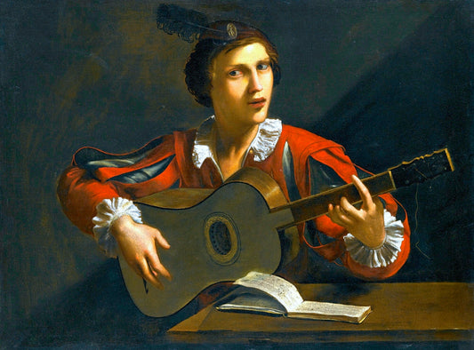 A Guitar Player seated in an interior, vintage artwork by Pietro Paolini, 12x8" (A4) Poster