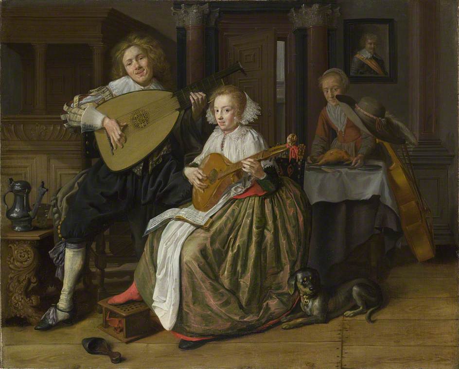 A Young Man Playing a Theorbo and a Young Woman Playing a Cittern, vintage artwork by Jan Miense Molenaer, 12x8" (A4) Poster