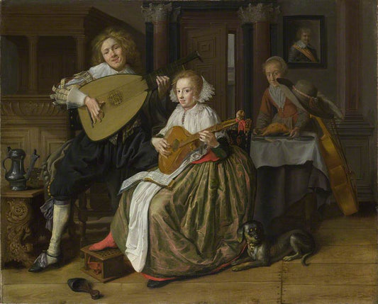 A Young Man Playing a Theorbo and a Young Woman Playing a Cittern, vintage artwork by Jan Miense Molenaer, 12x8" (A4) Poster