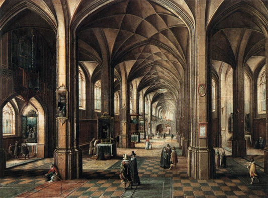 Interior of a Church with a Family in the Foregrund, vintage artwork by Hendrick van Steenwijck the Younger, 12x8" (A4) Poster