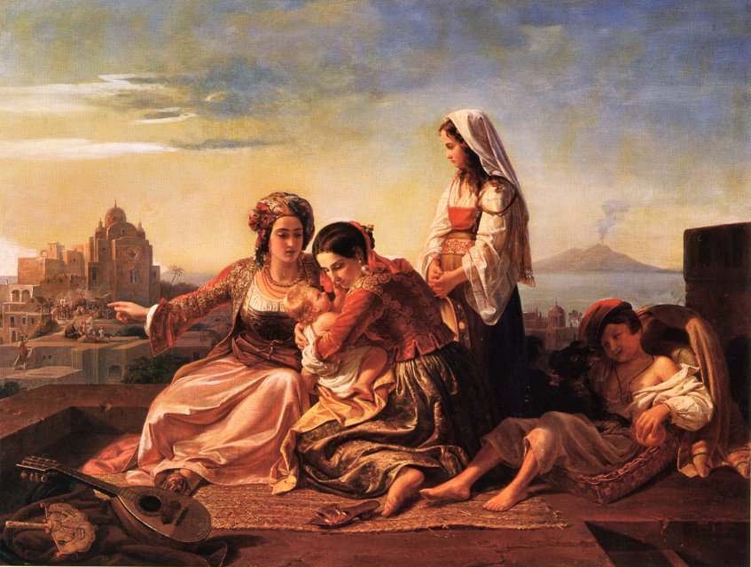 Amusing the baby , the bay of Naples in the distance, vintage artwork by Johann Hermann Kretzschmer, A3 (16x12") Poster Print
