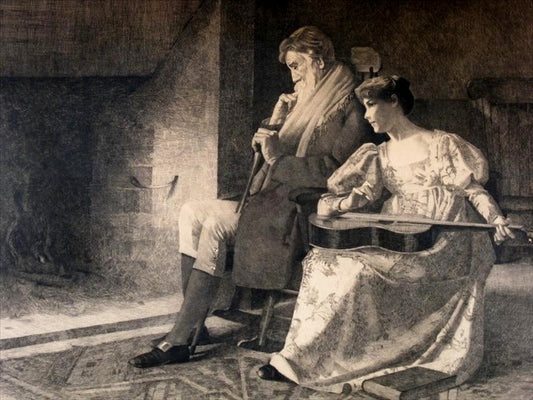Old man and woman in front of a fireplace, vintage artwork by George Randolph Barse, Jr., 12x8" (A4) Poster