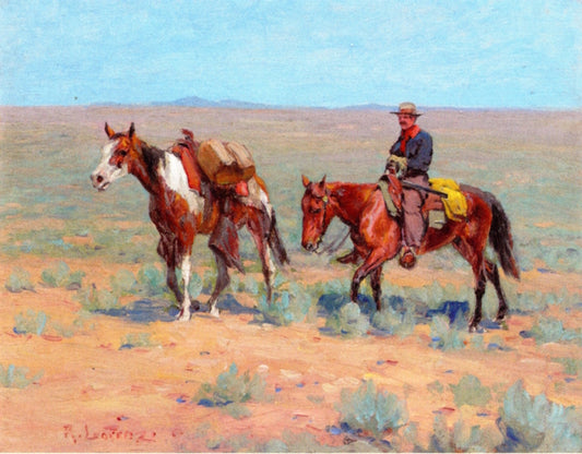 Mounted Cowboy and Pack Horse, vintage artwork by Richard Lorenz, 12x8" (A4) Poster