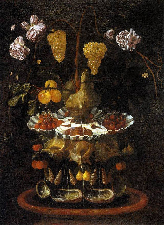 Still-Life with a Shell Fountain, Fruit and Flowers, vintage artwork by Juan Bautista de Espinosa, 12x8" (A4) Poster