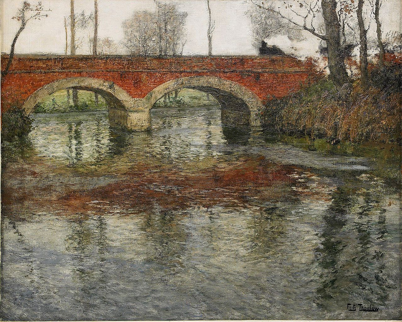 French River Landscape with a Stone Bridge, vintage artwork by Fritz Thaulow, 12x8" (A4) Poster