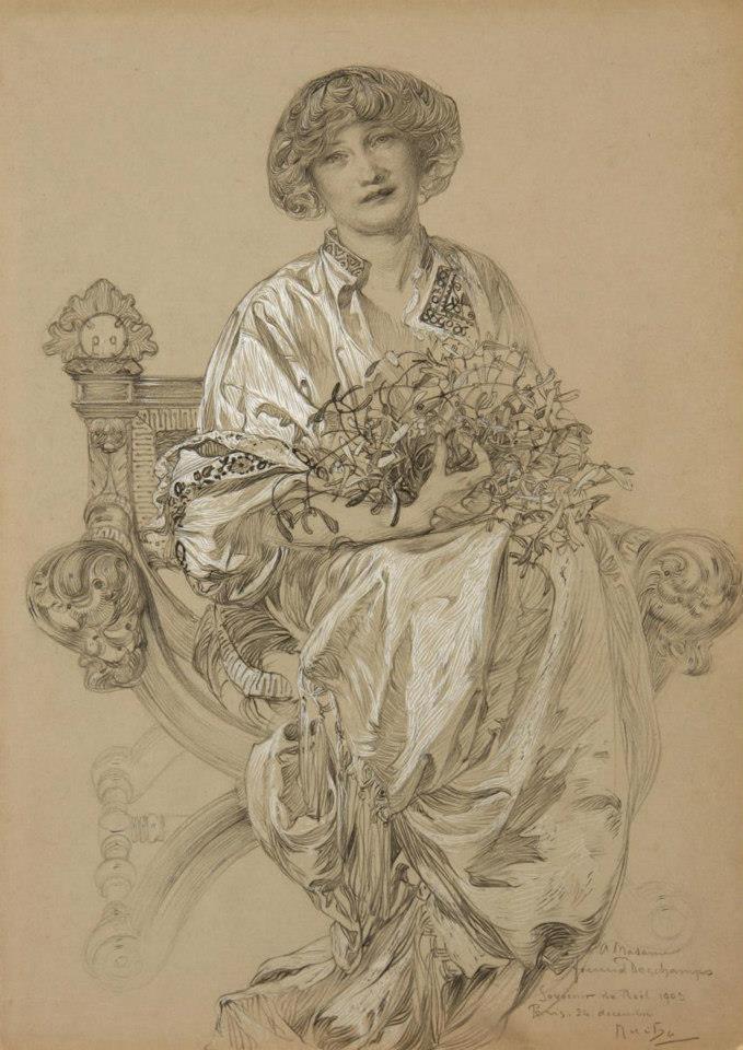 Portrait of Madame Deschamps, vintage artwork by Alfons Mucha, 12x8