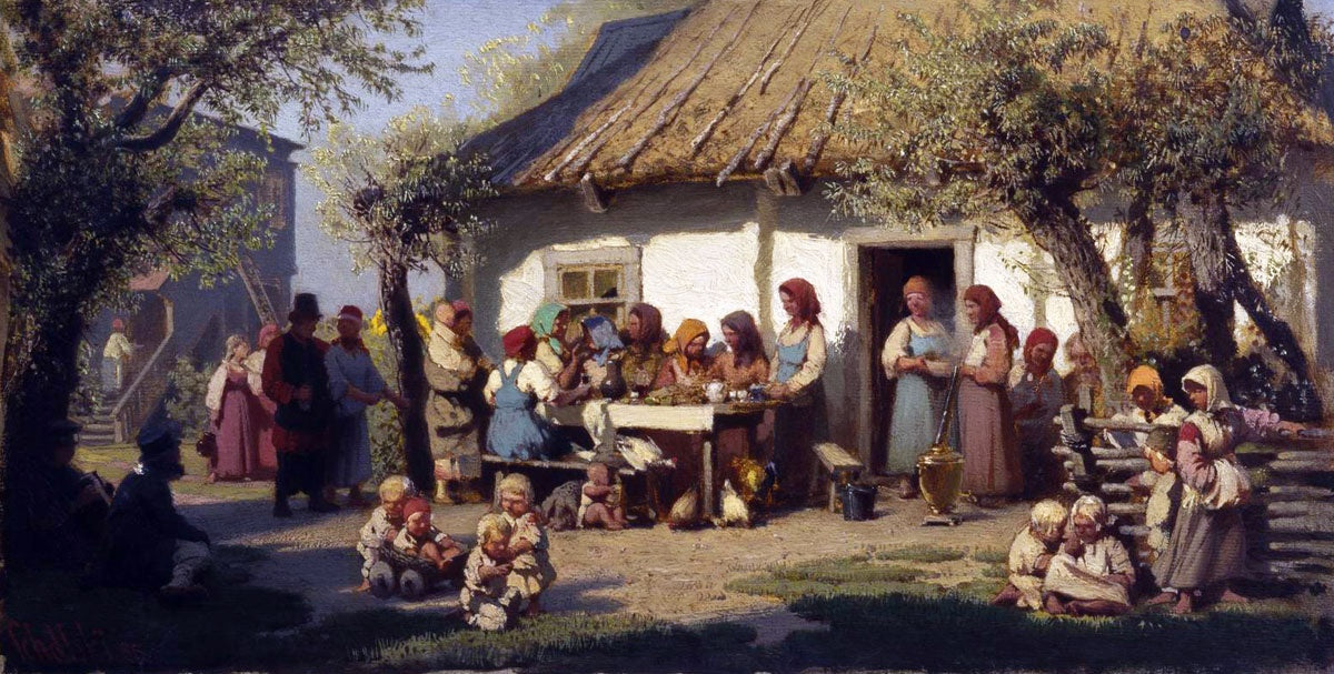 The Lunch of Peasant Women, vintage artwork by Petr Sukhodolsky, 12x8" (A4) Poster