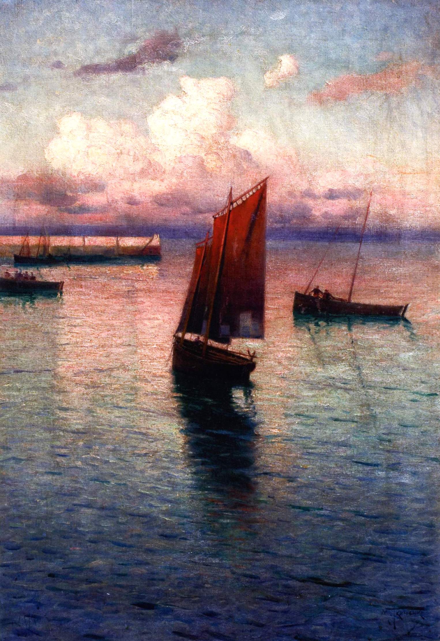 Sailboat in the Mediterranean, vintage artwork by Mikhail Tkachenko, 12x8" (A4) Poster