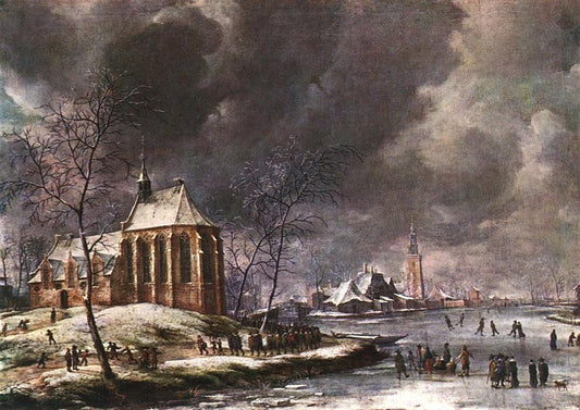 Village of Nieukoop in Winter with Child Funeral, vintage artwork by Jan Abrahamsz Beerstraten, 12x8" (A4) Poster
