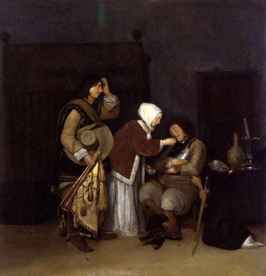 Interior with a Sleeping Soldier, vintage artwork by Caspar Netscher, 12x8" (A4) Poster